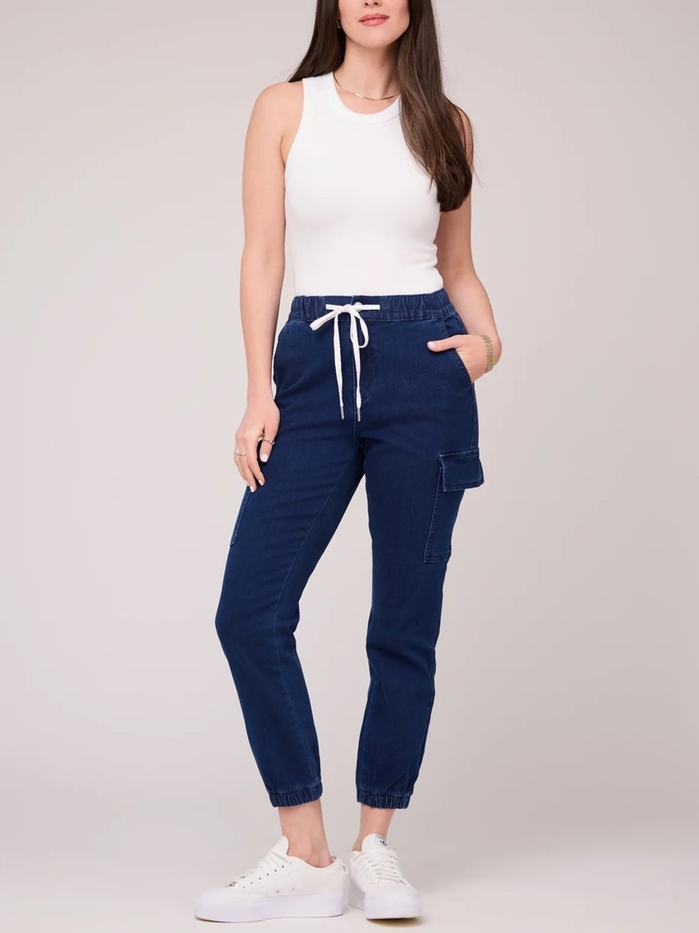 Yoga Jeans - Women’s Navy Cargo Jean Jogger Pants with Drawstring Waist in Iris